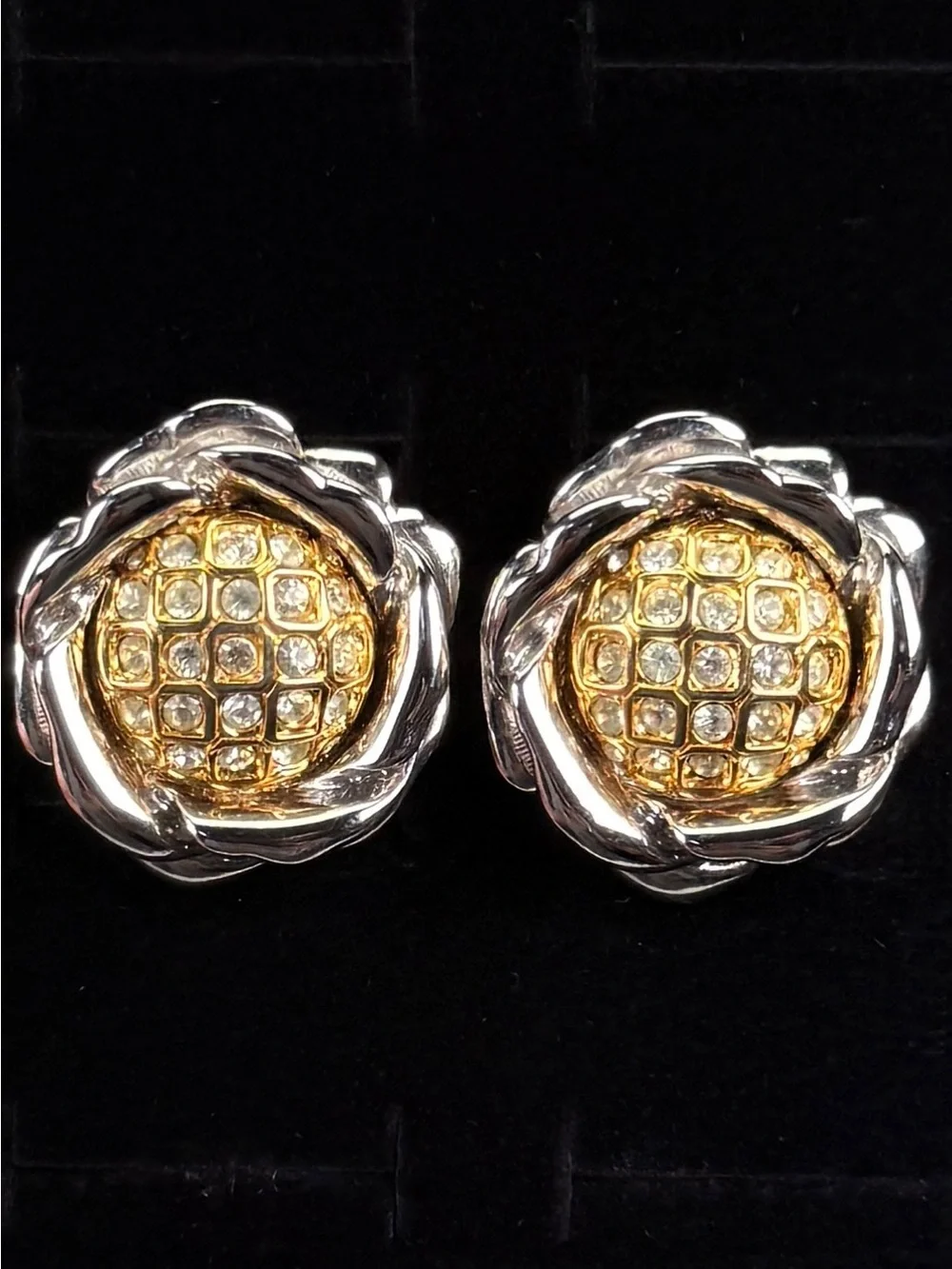 Vintage Nolan Miller, goldtone and silvertone weighted flower clip on earrings